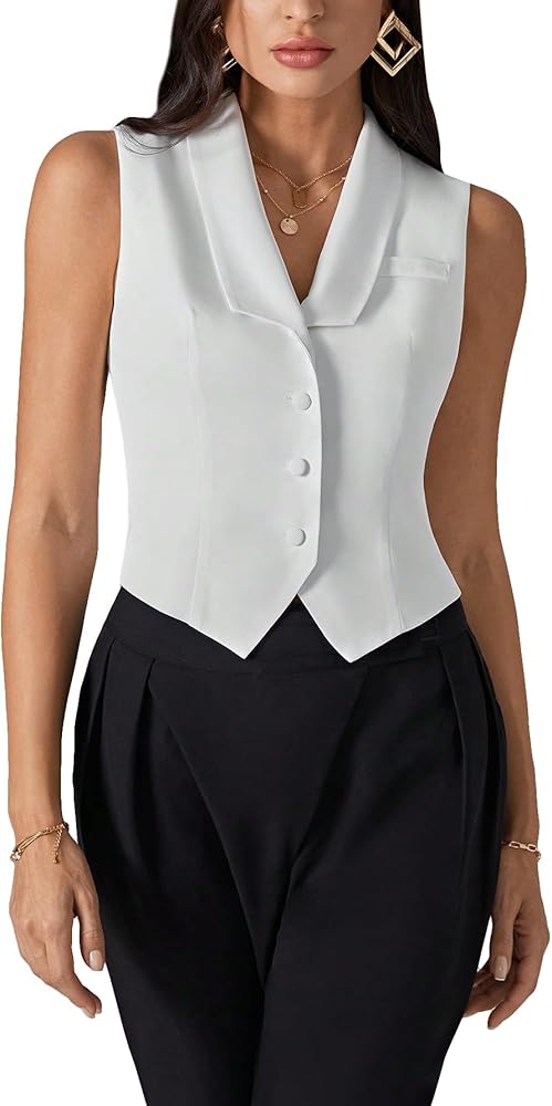 SweatyRocks Women's Button Front Vest Blazer Lapel Collar Sleeveless Slim Fit Jacket Top