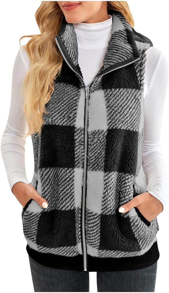 Zipper Vest for Women Plaid Printed Plush Coats Lapel Collar Sleeveless Fleece Jackets with Pockets Open Front Coat