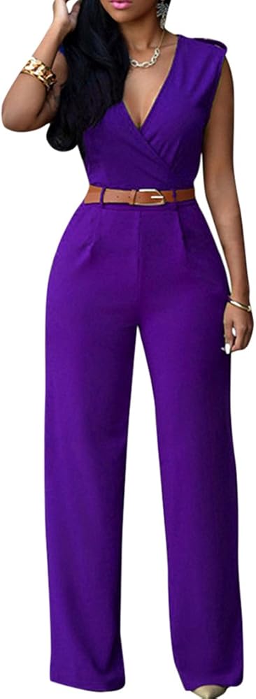 Pink Queen Women's Sleeveless V Neck Wrap Long Loose Belted Jumpsuits Rompers with Pockets (S, Purple)