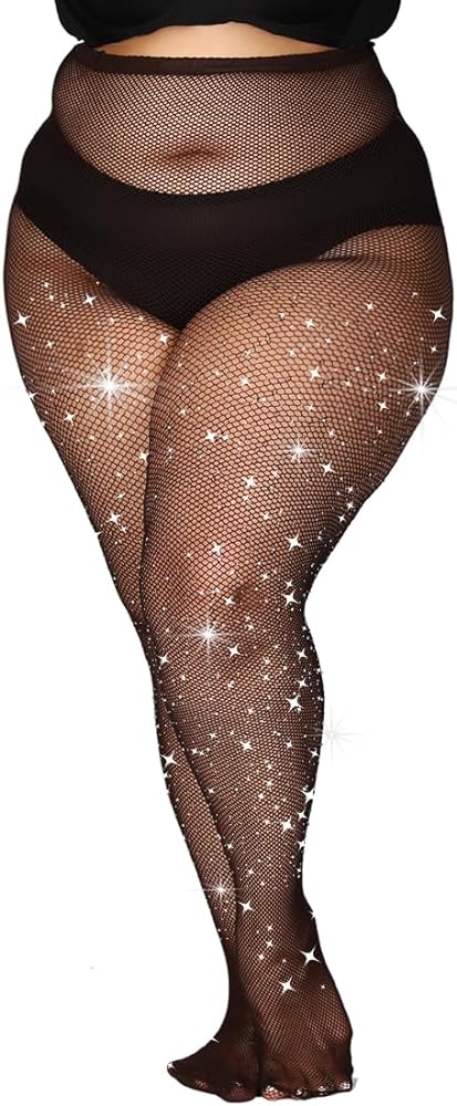 Indestructible Strong Plus Size Rhinestone Fishnet Stockings for Women, Rip Resistant High Waist Sparkly Tights