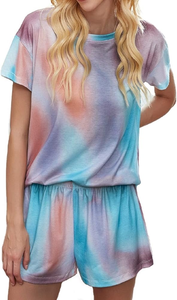 Women Pajama Set Tie Dye Printed Sleepwear Short Sleeve Night Shirt with Shorts Two-piece PJ Set Loungewear