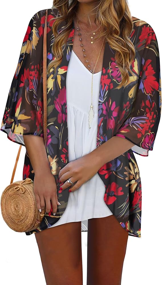 Women Kimono Cardigans Casual Summer Tops Cover up Open Front Floral Print Resort Wear