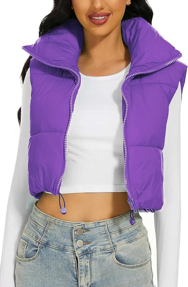 Womens Cropped Puffer Vest Stand Collar Zip Up Lightweight Winter Puffy Jacket Vests Outerwear