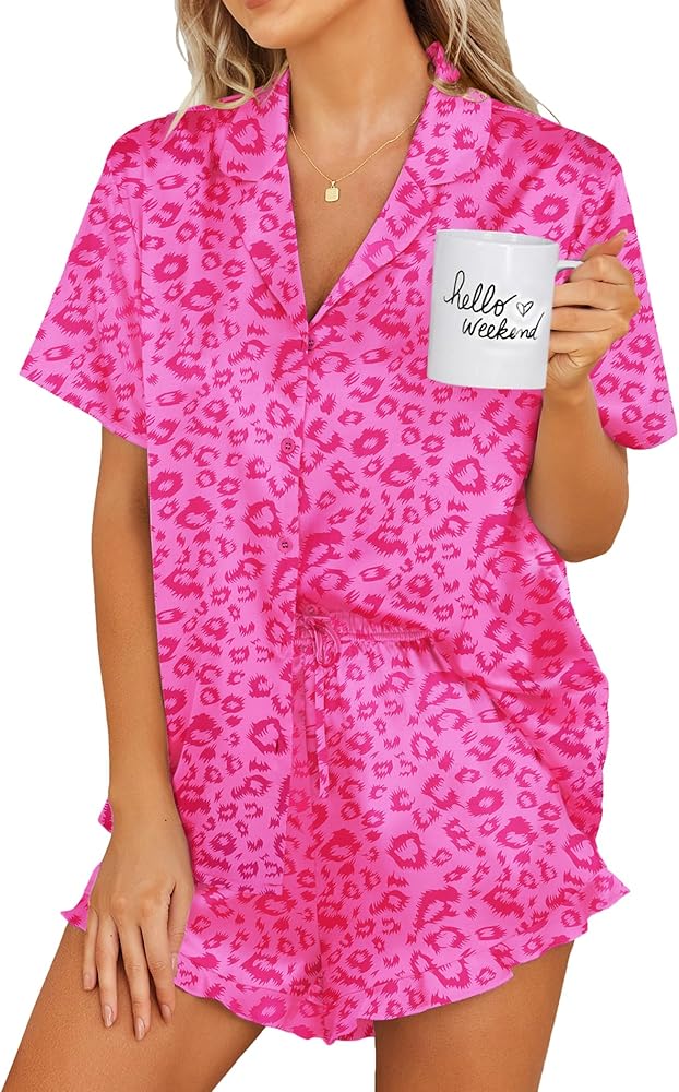 Ekouaer Womens Satin Pajamas Set Button Down 2 Piece Silk Pjs Shorts Set Ruffle Lingerie Notch Collar Sleepwear S-XXL