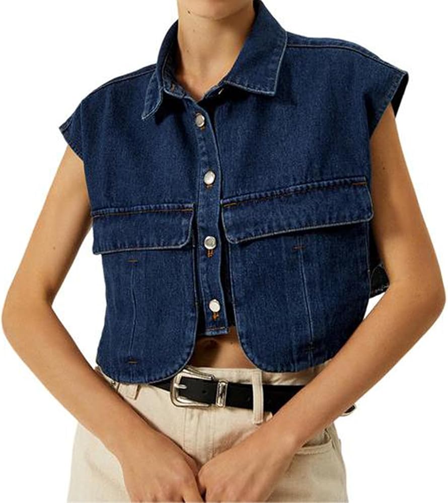 Women Denim Vest Sleeveless Button Down Jean Jacket Waistcoat Crop Top with Pockets