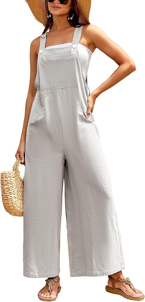 UANEO Women's Cotton Bib Overalls Loose Fit Wide Leg Jumpsuits Baggy Sleeveless Rompers