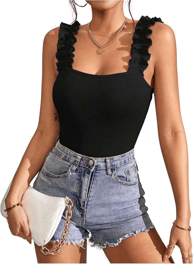 SOLY HUX Bodysuits for Women Frill Trim Sleeveless Square Neck Bodysuit Tank Tops