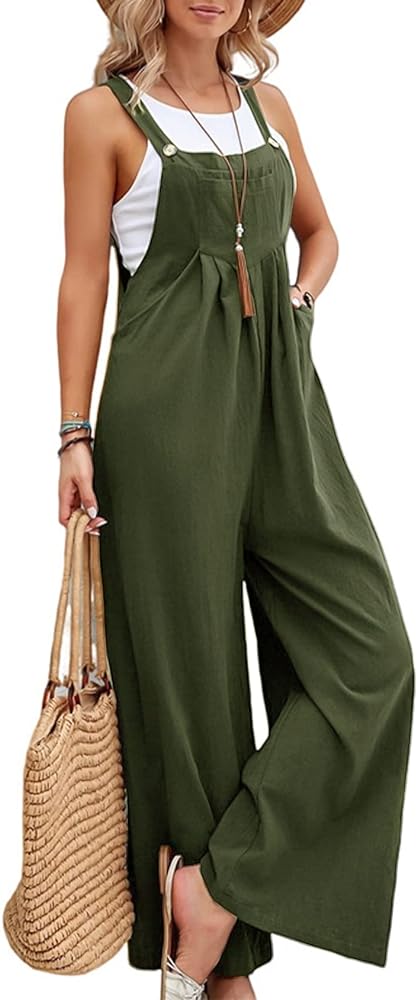 Women's Baggy Overalls Adjustable Strap Cotton Rompers Casual Jumpsuit with Pockets(ArmyGreen-M)