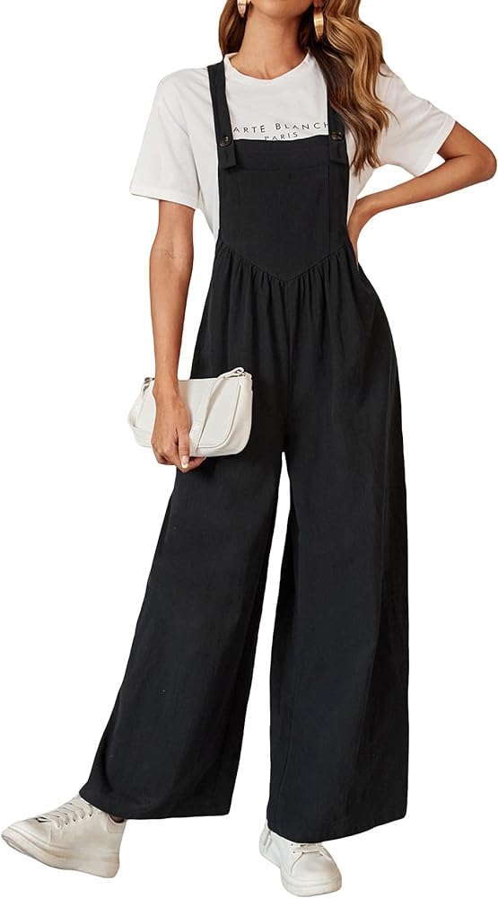 OYOANGLE Women's Sleeveless Button Pleated Wide Leg Jumpsuit Long Pants Overalls with Pockets Jumpsuit