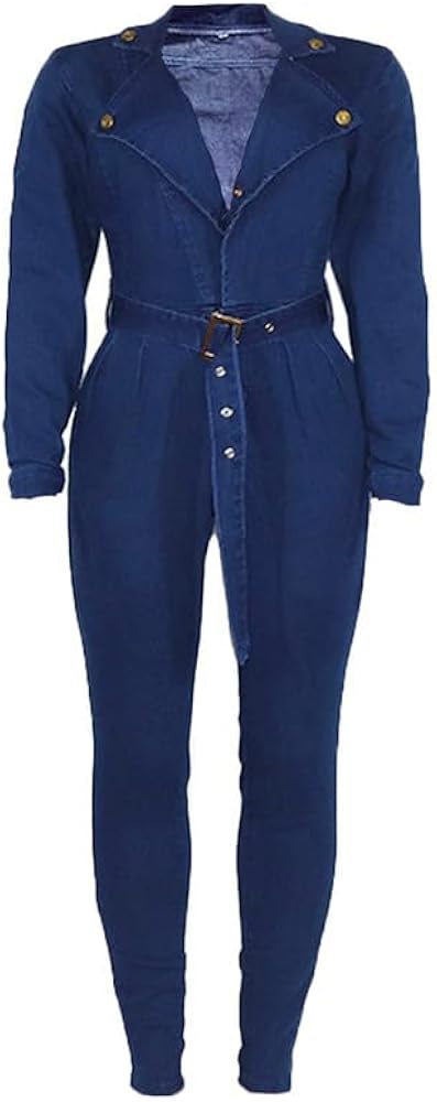 Andongnywell Women Long Sleeve Deep V Denim Jumpsuit High Waist One Piece Jean Jumpsuits Romper Overall Playsuit