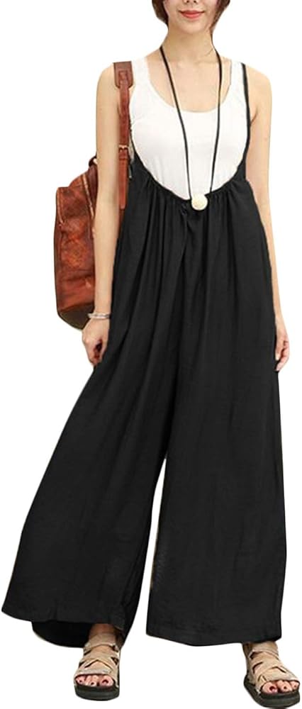 Flygo Women's Casual Cotton Wide Leg Bib Pants Spaghetti Strap Jumpsuit Overalls Rompers