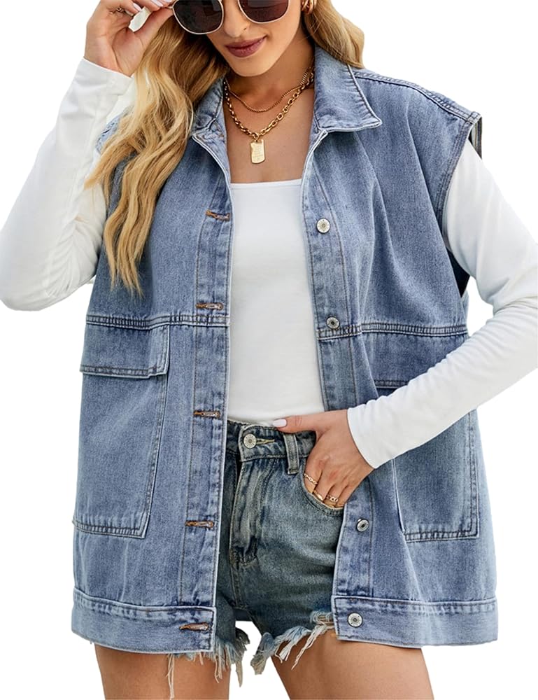 HangNiFang Aztec Denim Jacket Shacket for Women Button Down Vintage Distressed Blue Jean Jacket