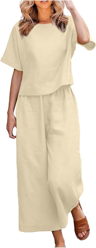 Linen Sets For Women 2 Piece Summer Loose Comfy Short Sleeve Crop Top Tshirt Wide Leg Pants Set Matching Lounge Sets