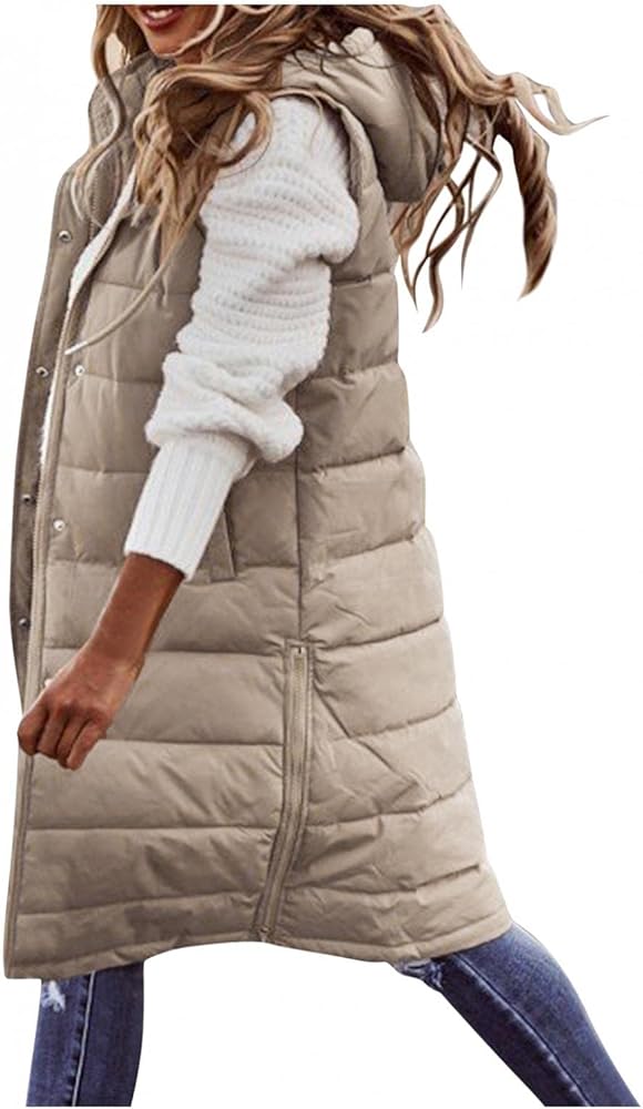 Women's Long Down Vest Sleeveless Hooded Jacket Plus Size Winter Warm Slim Zipper Coats Outdoor Puffer Quilted Vest