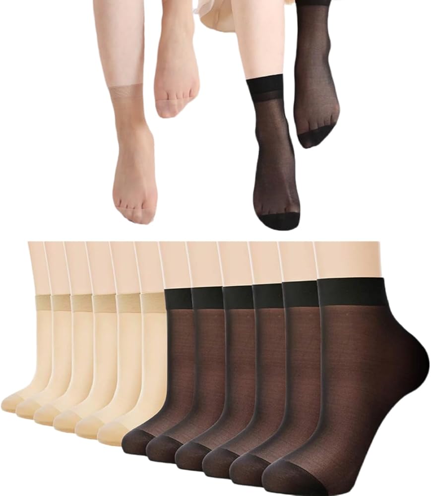 12 Pairs Women's Ankle High Sheer Socks Nylon Socks Soft Tight Hosiery with Reinforced Toe (6 Pairs Black,6 Pairs Nude)