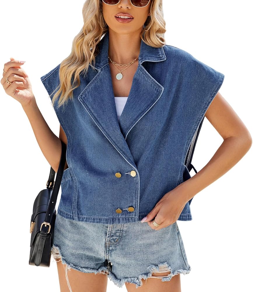 chouyatou Women's Double Breasted Sleeveless Denim Jacket Notch Collar Jean Vest Outwear Coat