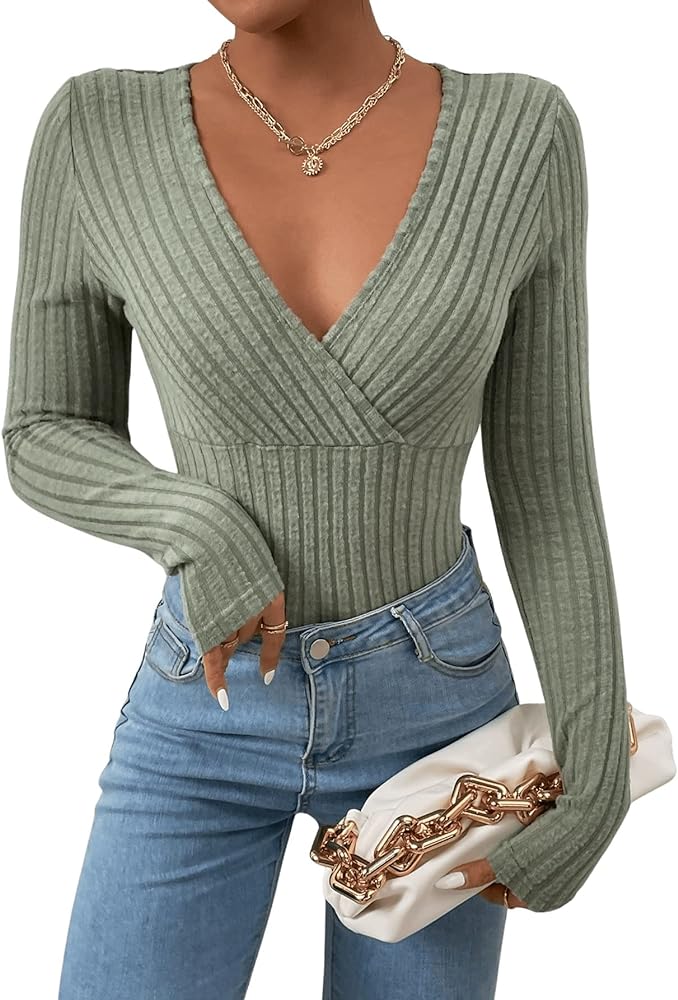 SweatyRocks Women's Long Sleeve Bodysuit Tops Wrap V Neck Ribbed Knit Jumpsuit