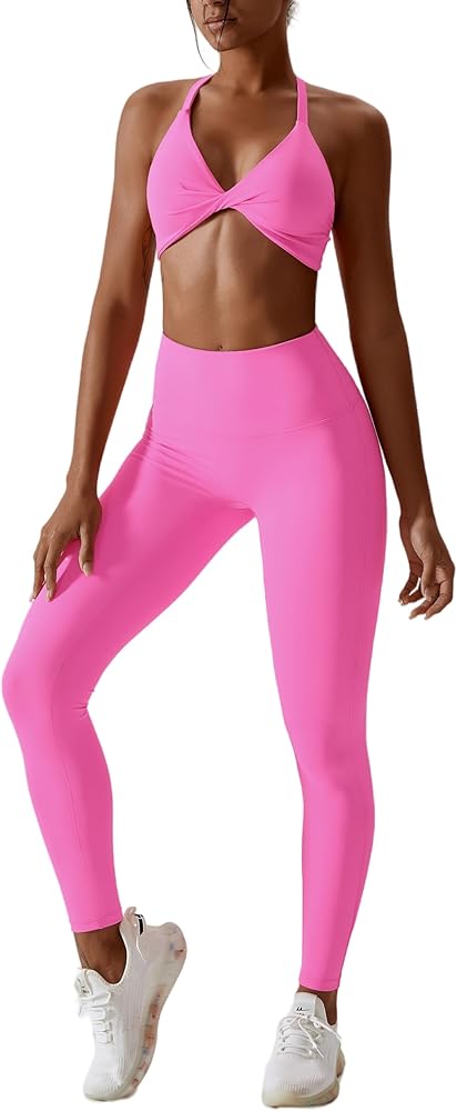 Women Workout Outfits 2 Piece Seamless High Waist Athletic Yoga Leggings with Twist Front Sports Bra Exercise Set