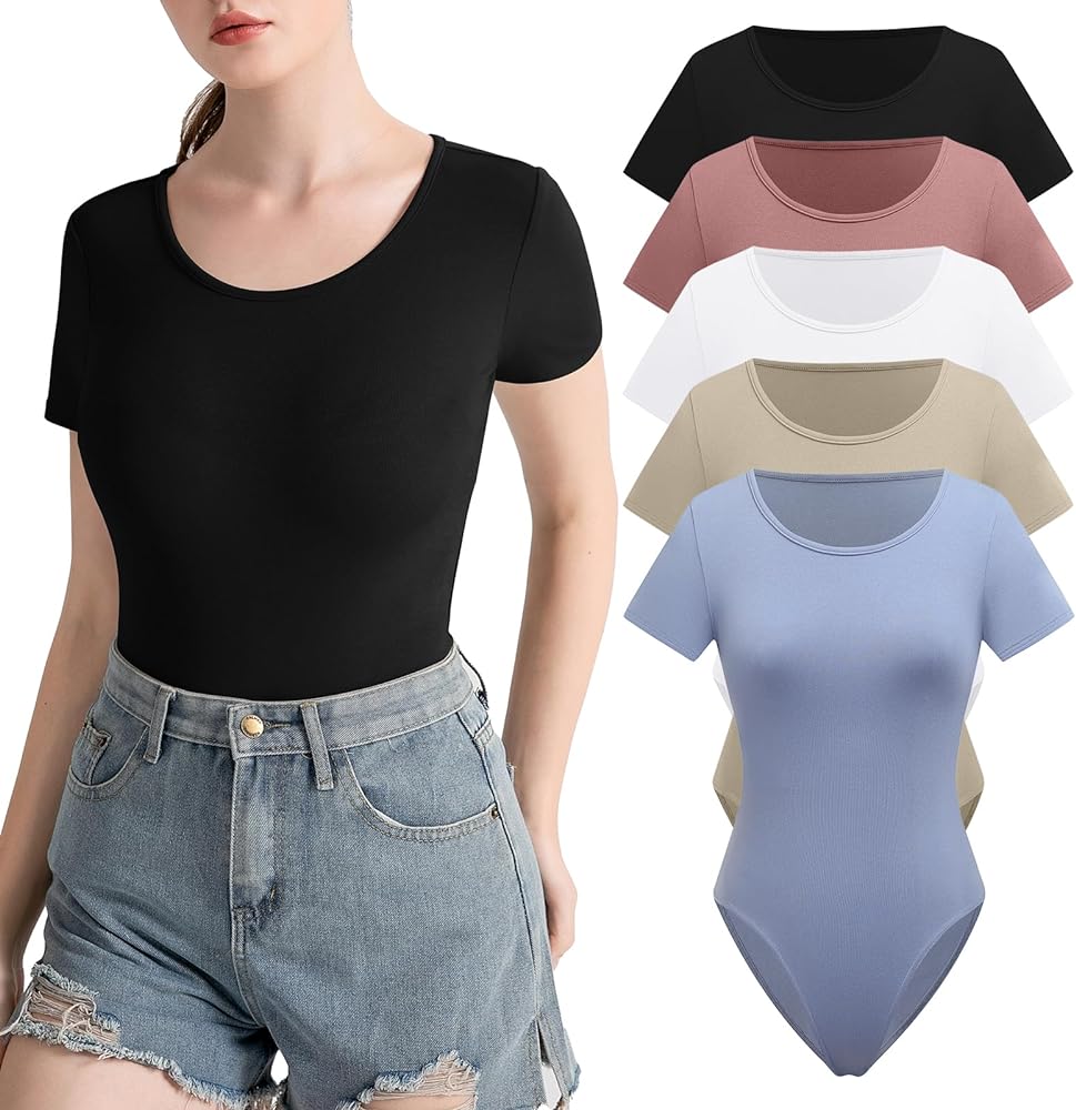 INIBUD Bodysuit for Women 5 Pack Short Sleeve Stretchy Round Crew Neck Casual Basic Body Suits Top