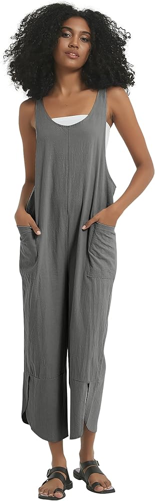 Kissonic Womens Baggy Overalls V Neck Sleeveless Casual Jumpsuits Loose Fit Long Pant One Piece Romper Jumper(Grey-XXL)