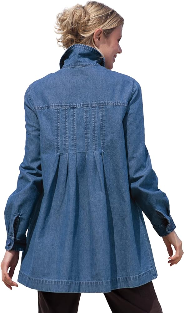 Woman Within Plus Size Pleat-Back Denim Jacket Long Oversized Jean Coat