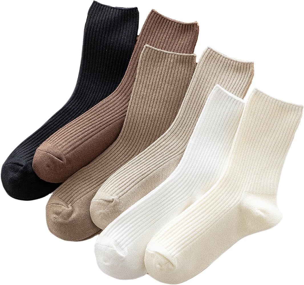 6 pairs cotton socks Crew Socks for Women, knit socks tan socks for women neutral high socks women