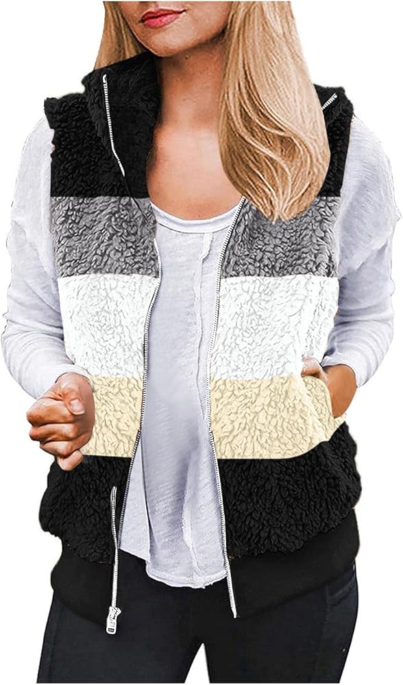 Women Fuzzy Sherpa Fleece Jacket 2023 Winter Casual Lightweight Vest Sleeveless Plus Size Waistcoat With Pockets