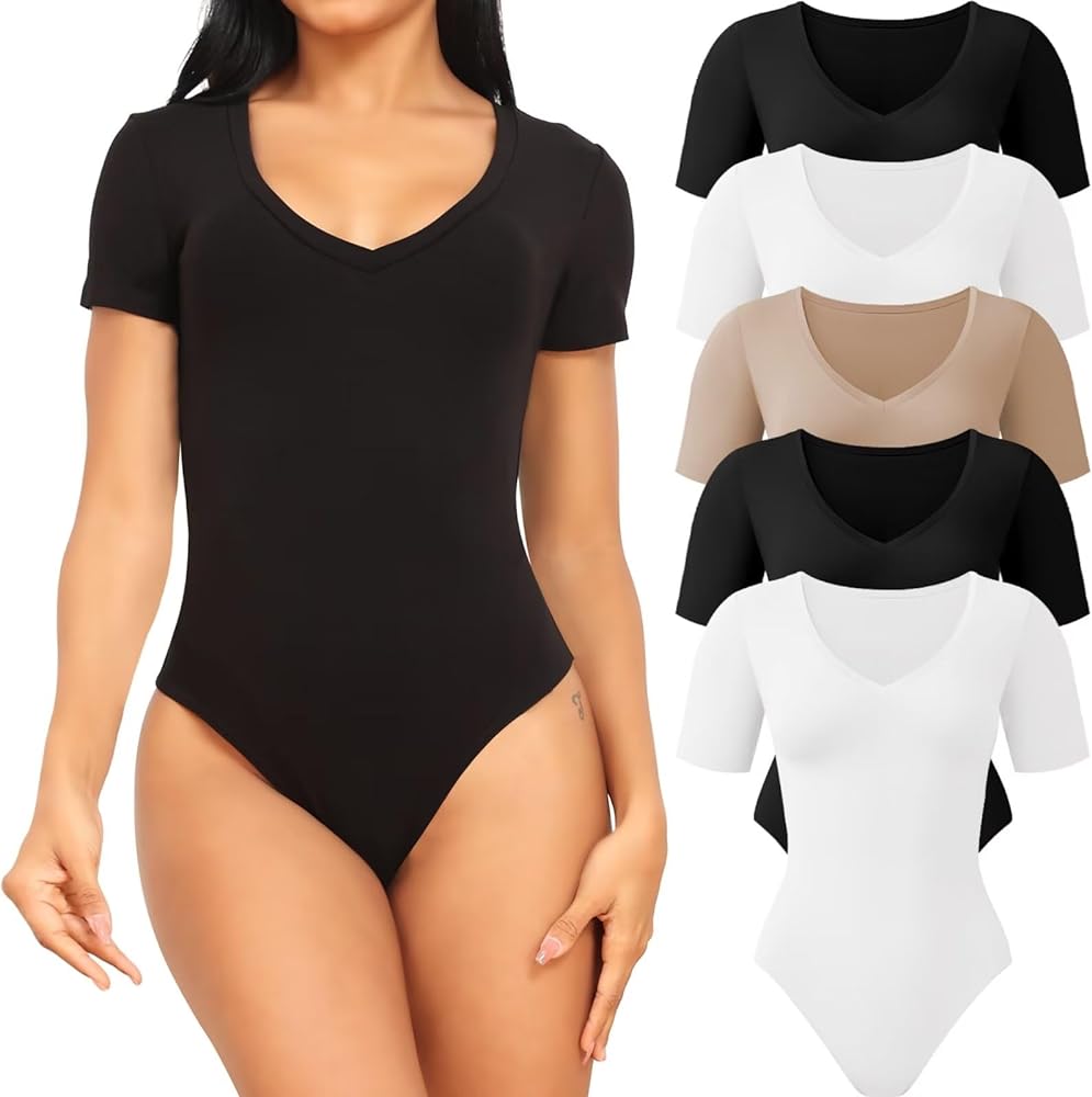 CE' CERDR 5 Pack Bodysuits for Women Short Sleeve Deep V Neck Tops T-shirt Bodysuit Casual Outfits