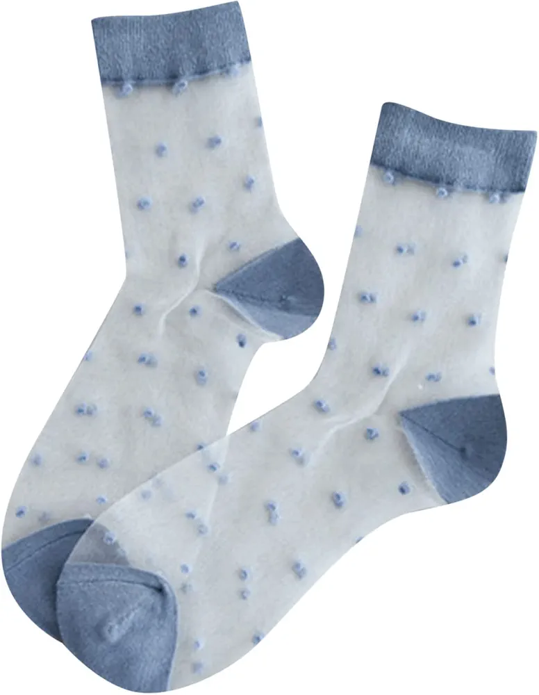 Women Polka Dot Mid Calf Sock Sheer Lightweight Crew Socks Summer Soft Breathable Cozy Stretch Sock (Light Blue, One Size)