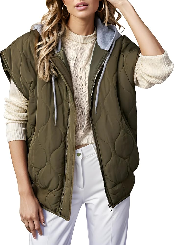 Women's Puffer Vests Sleeveless Lightweight Zip Padded Gilet Jacket Hooded Vest Outerwear