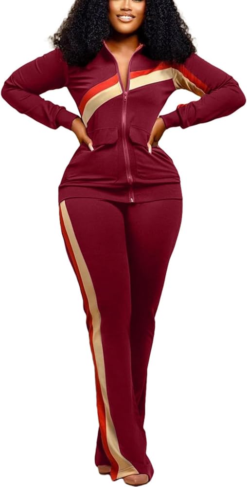 BFFBABY 2 Piece Outfits for Women Long Sleeve Striped Zipup Jacket Wide Leg Long Pant Retro Tracksuit Sport Set Wine Red