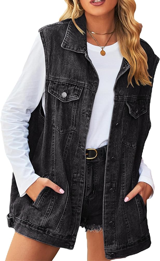 hathne Women's Oversized Denim Vest Sleeveless Jean Jacket Vest with Hood Button Down Long Waistcoat with Pockets Streetwear(Black,3X-Large)