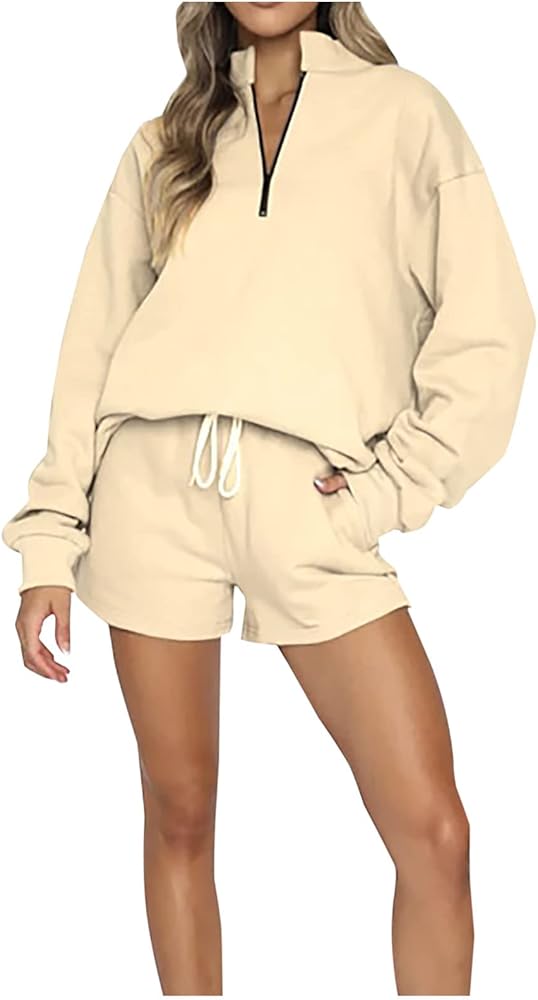 Women 2 Piece Outfits Sets Casual Long Sleeve Oversized Sweatshirt High Waisted Shorts Sweatsuit 2023 Tracksuit Set