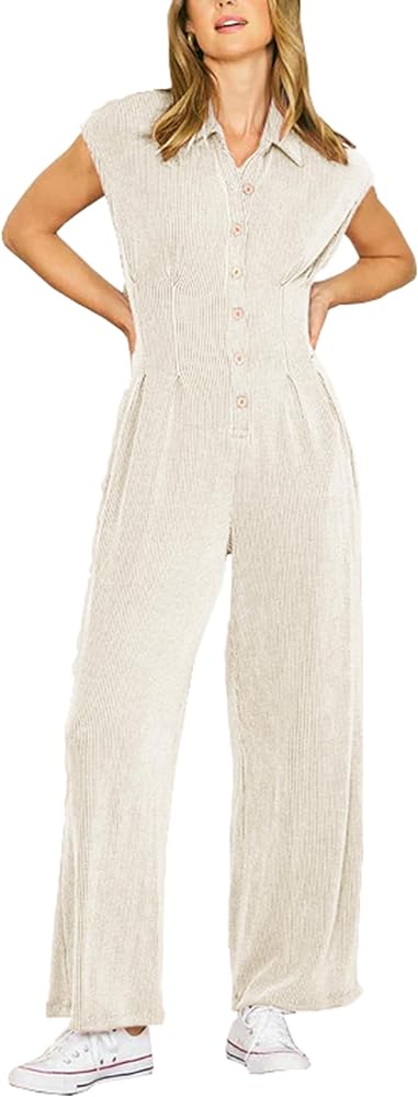 Lumister Womens Cap Sleeve Jumpsuit Casual Button Lapel Ribbed Elastic Waist Long Pant Onesie Jumper Overalls with Pockets