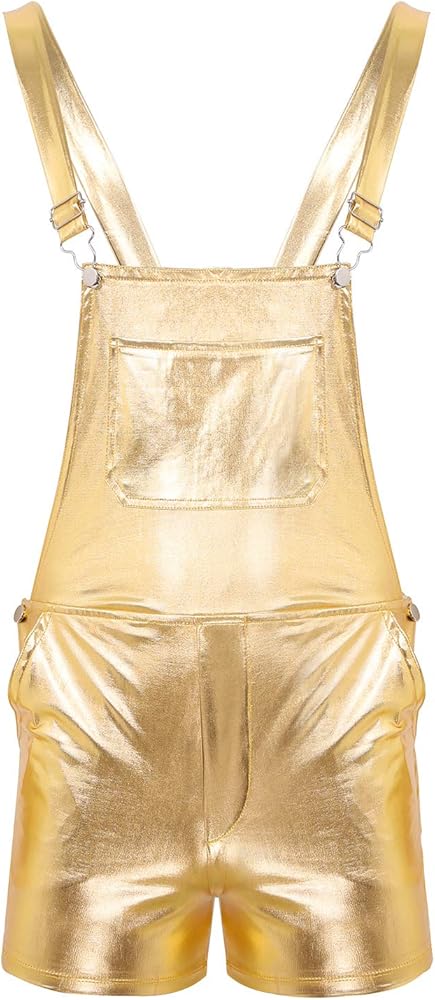 iiniim Women's Shiny Metallic Adjustable Straps Bib Overalls Shorts Jumpsuit Romper with Pockets