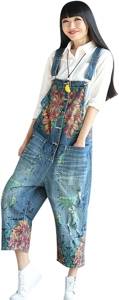 Women's Printed Bib Overalls Loose Jumpsuits Rompers