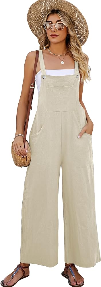 PEHMEA Women's Casual Overalls Cotton Wide Leg Jumpsuit Baggy Loose Rompers Bib Pants With Pockets