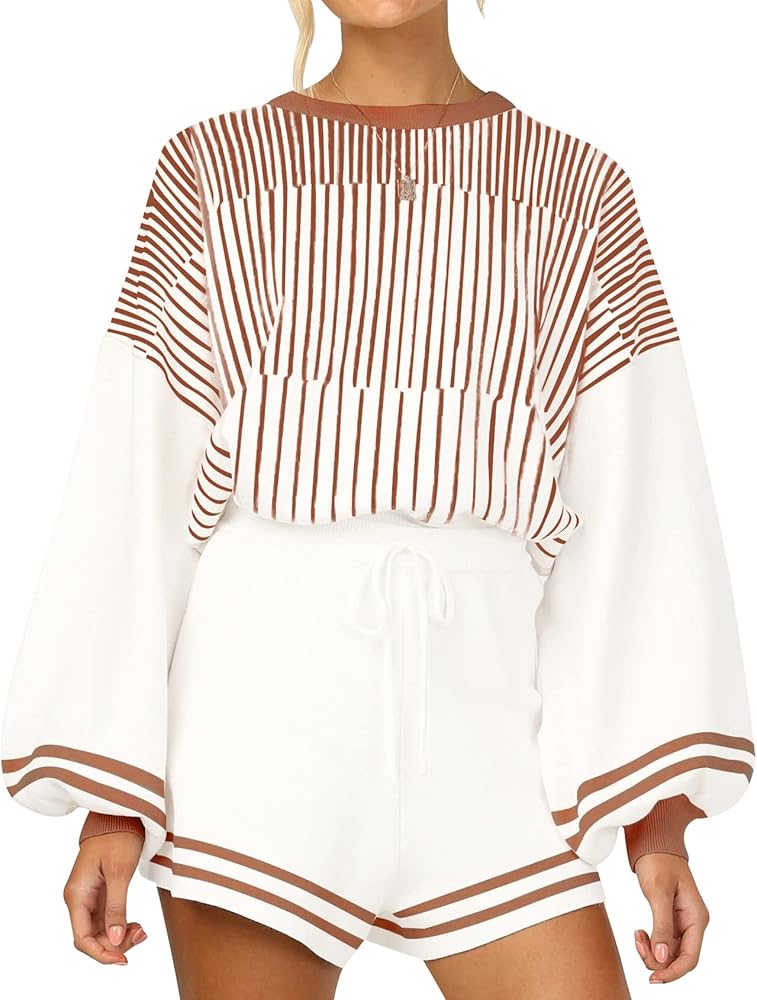 Gihuo Women' s Striped 2 Piece Outfits Crewneck Knit Pullover Sweater Shorts Set Wide Leg Matching Set Loungewear