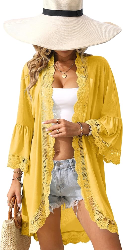 Spadehill Women's Summer Lace Bell Sleeve Light Weight Kimono Cardigan