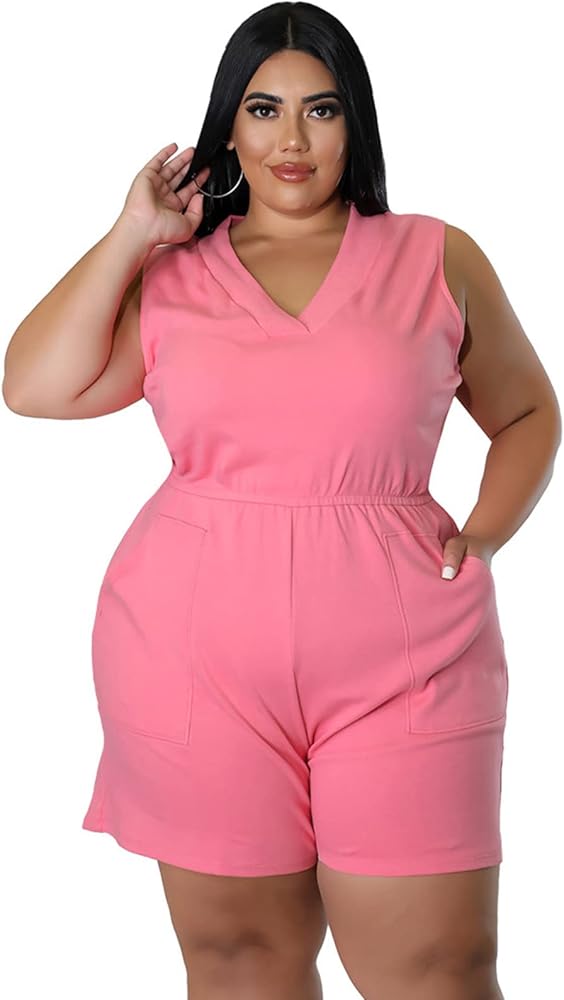 Women Casual Loose V Neck Sleeveless Summer Romper Wide Leg Jumpsuits Baggy Cotton Rompers Overalls with Pockets Pink