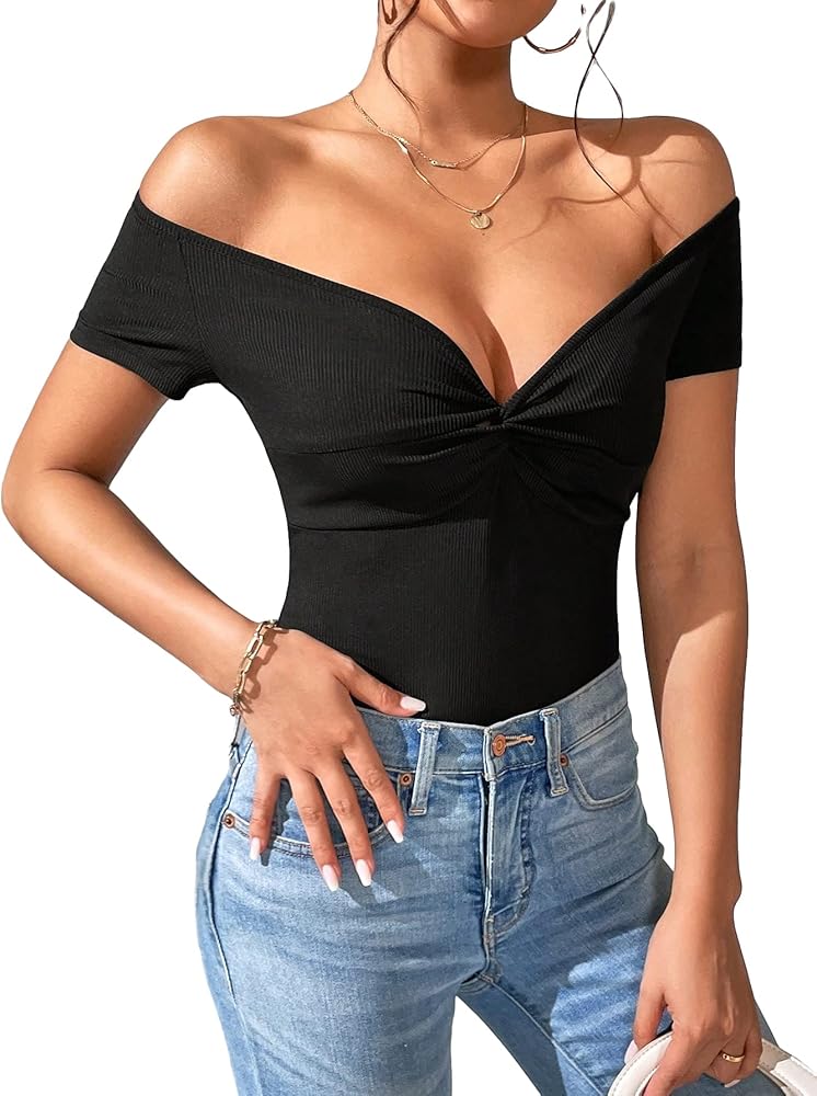 MAKEMECHIC Women's Off The Shoulder Twist Front Deep V Neck Short Sleeve Bodysuit Shirt Tops