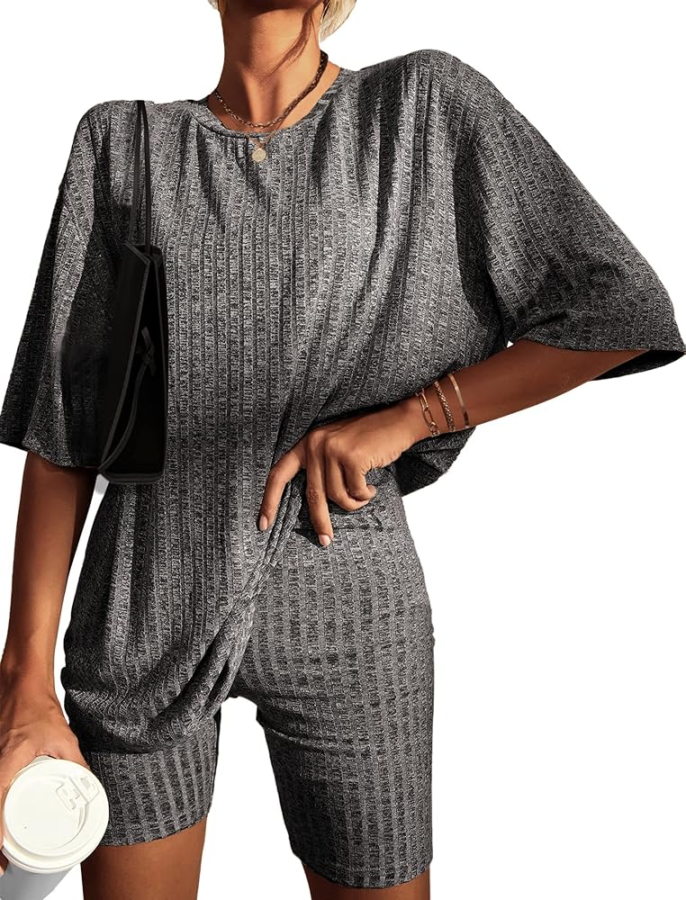 Ribbed Pajama Set Womens Half Sleeve Sleepwear Drop Shoulder Top and Shorts Lounge Set Sweatsuit