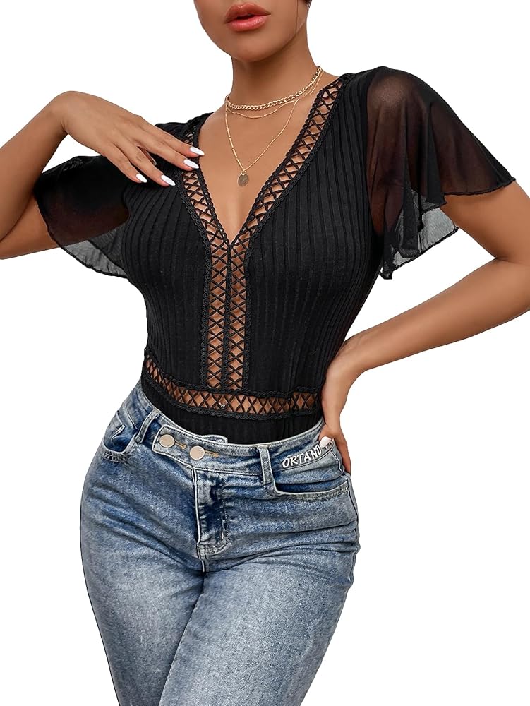 Milumia Women's Ruffle Short Sleeve Bodysuit V Neck Ribbed Leotard Shirts Tops