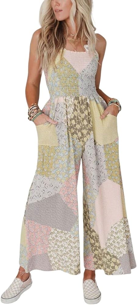 chouyatou Women's Wide Leg Smocked Jumpsuit Color Block Floral Print Sleeveless Romper Pants