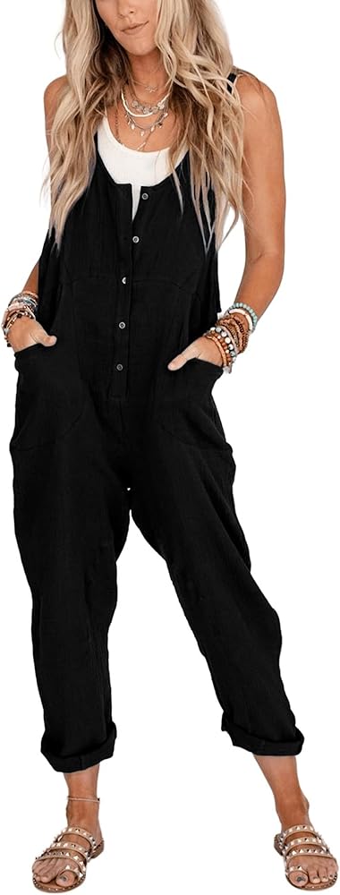 Womens Cotton Linen Overalls Adjustable Straps Button Up Long Loose Pant Baggy Jumpsuits with Pockets(Black-S)