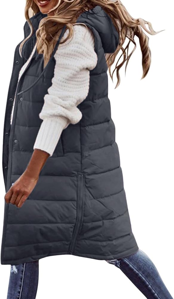 Long Puffer Vest Women Plus Size Winter Warm Coat Sleeveless Puffer Jacket Zipper Hooded Outerwear with Pockets