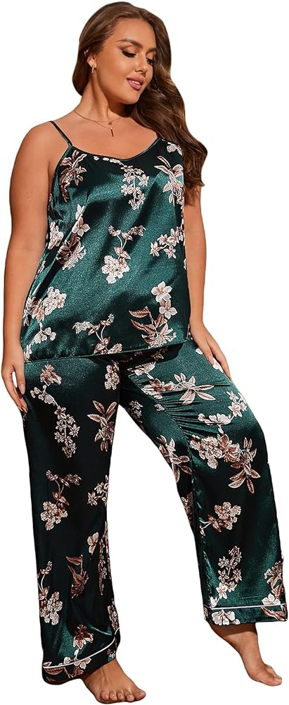 SOLY HUX Women's Plus Size Floral Print Satin Sleepwear Cami Top and Pants Lounge Pajama Set