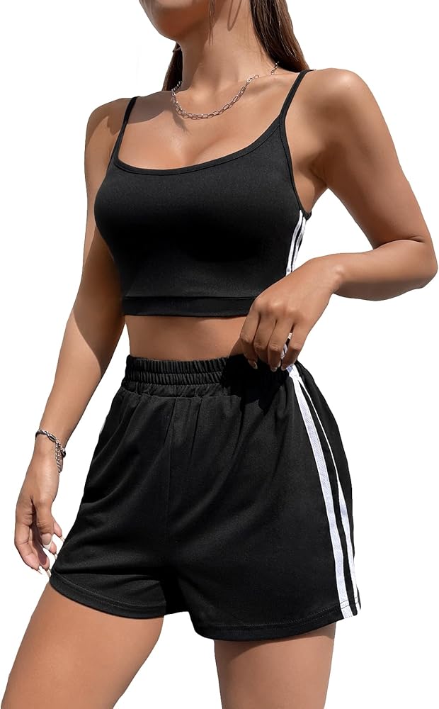 Verdusa Women's 2 Piece Outfits Striped Scoop Neck Crop Cami Top and Tracksuit Shorts Set