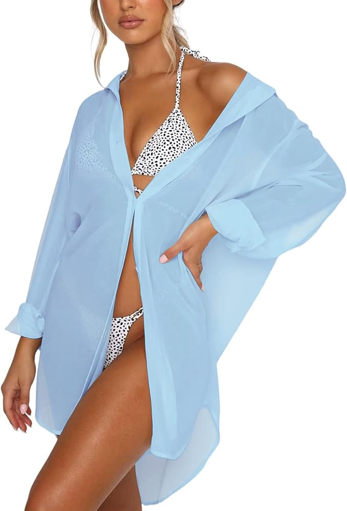 Swimsuit Coverup for Women Bikini Bathing Suit Beach Cover Up Loose V-Neck Swimwear Button Down Shirt Dress