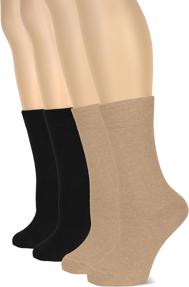 Hugh Ugoli Women's Cotton Crew Socks | Plain Color, Regular Fit, Soft Casual Socks for Trouser, 4 Pairs, Beige/Black, Shoe Size: 6-9